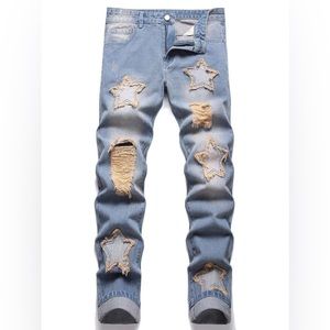 Men Cotton Star Pattern Ripped Frayed Straight Leg Jeans